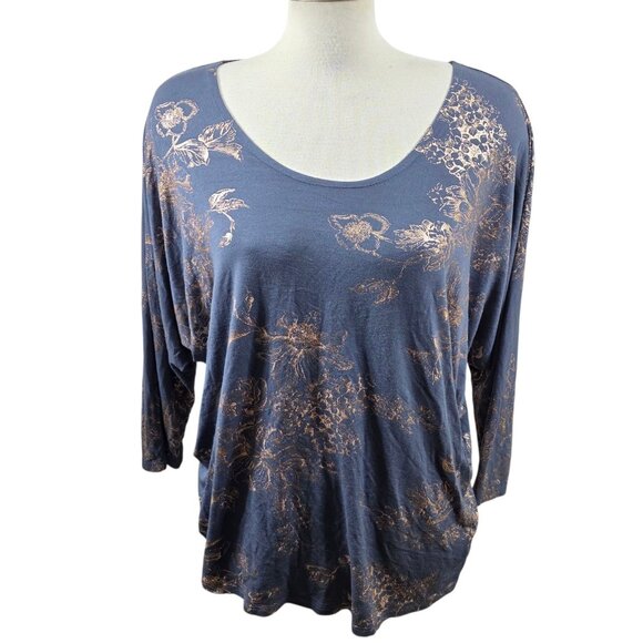 Kim & Cami Womens XL Gray Metallic Gold Floral Top Rayon Stretch Batwing Dolman - Picture 1 of 7